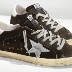 Mens Super Star Sneakers In Coffee Suede and Leather Star Gold-1635