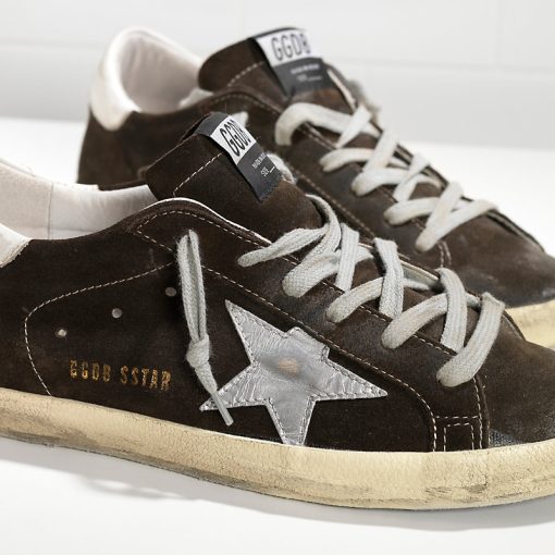 Mens Super Star Sneakers In Coffee Suede and Leather Star Gold-1635