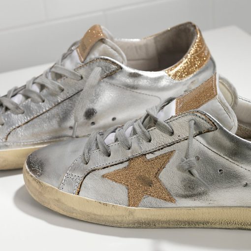 Super Star Sneakers In Silver Leather with Gold Leather Star Sneakers-2004