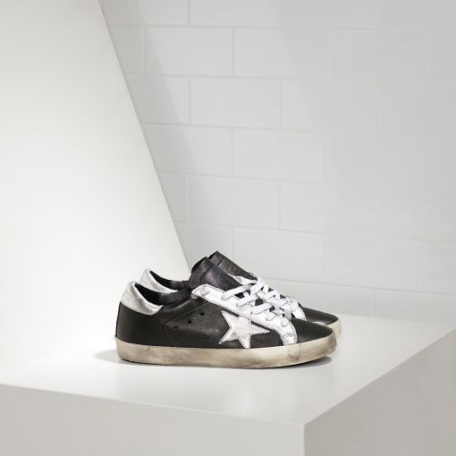 Deluxe Brand Mens Archive Super Star Sneakers In Black Leather with White Star Superstar Sale-0