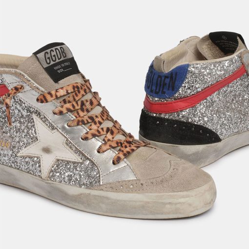 Sneakers Mid Star GWF00122.F000270.80272 in glitter silver con lacci leo e talloncino blu-5312