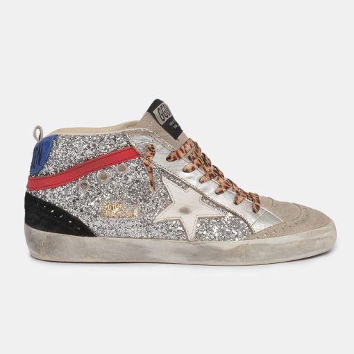 Sneakers Mid Star GWF00122.F000270.80272 in glitter silver con lacci leo e talloncino blu-0